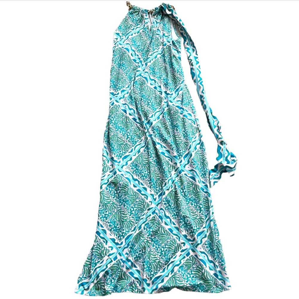 LILLY PULITZER Bingham Halter Midi Dress Prism Blue Size Medium Preppy Chic - Picture 3 of 9